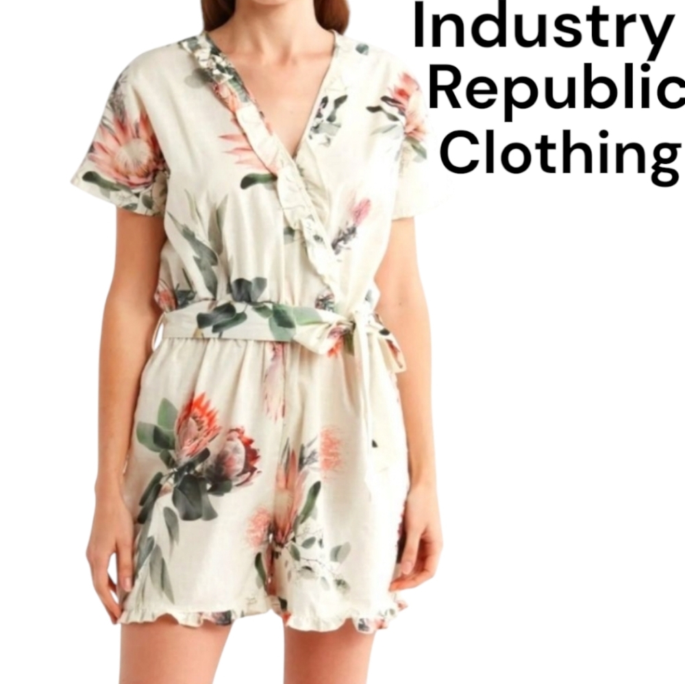 Industry Republic Clothing Women's Floral Romper Size L White Pink V-Neck Belted